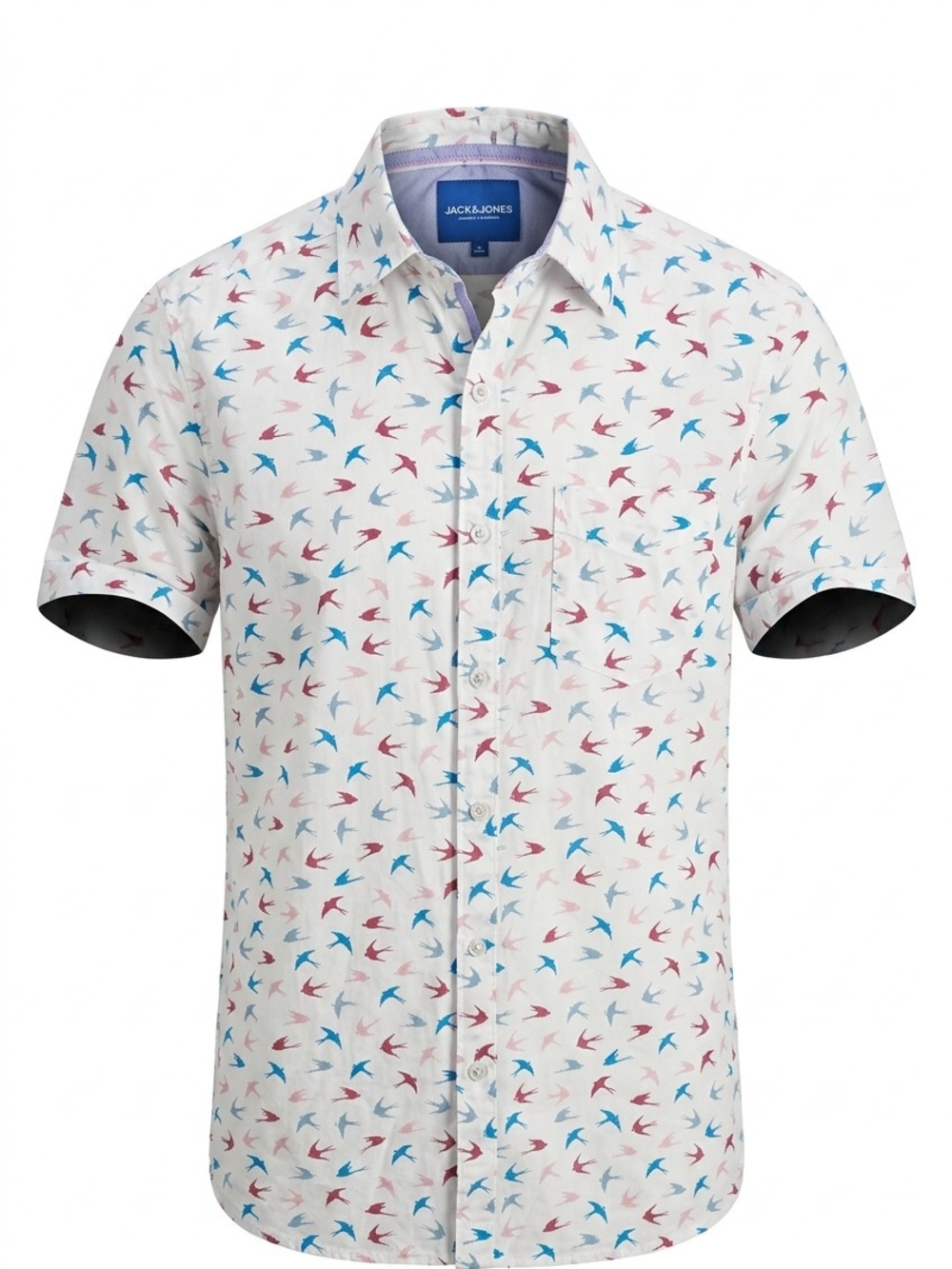 Across the Pond Men’s Small Shirt White Red Blue Bird Print Short Sleeve Button